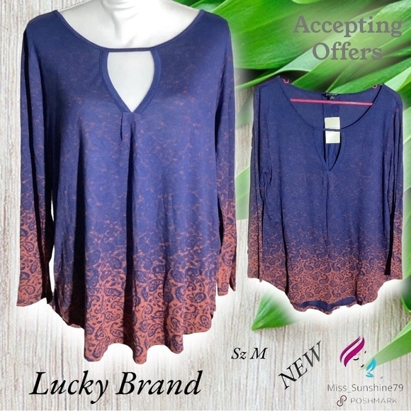 Lucky Brand NEW - Sz M - lightweight long sleeve shirt keyhole rounded hem - Picture 1 of 9